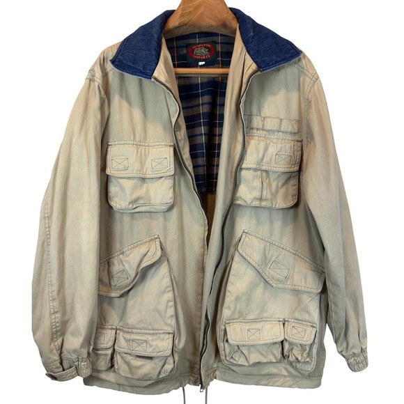 AUTHENTIC IMPORTS Other - Vintage Tan Canvas Utility Jacket Denim Collar Utility Pockets Tool Straps Large